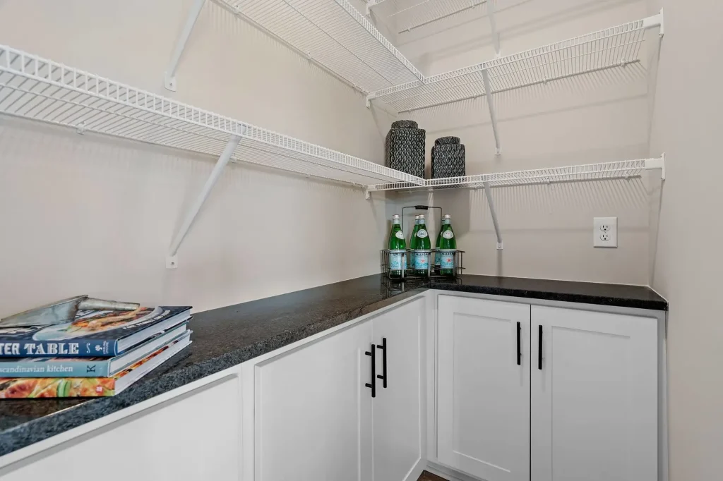 Organized kitchen pantry with shelves and cabinets.